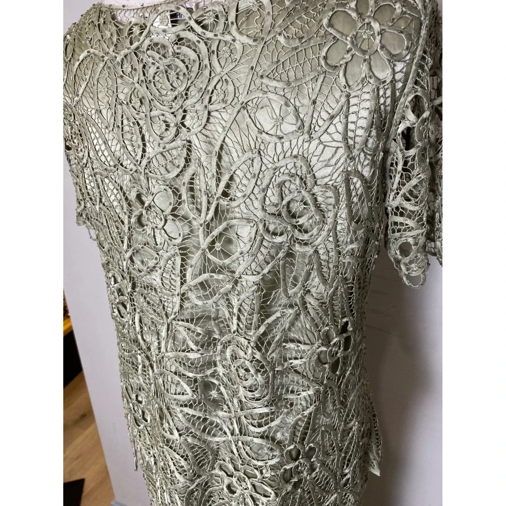 Vintage 90s Y2K Silk 3 Piece Set Lace Beaded Blouse Tank Skirt Sage Green Formal